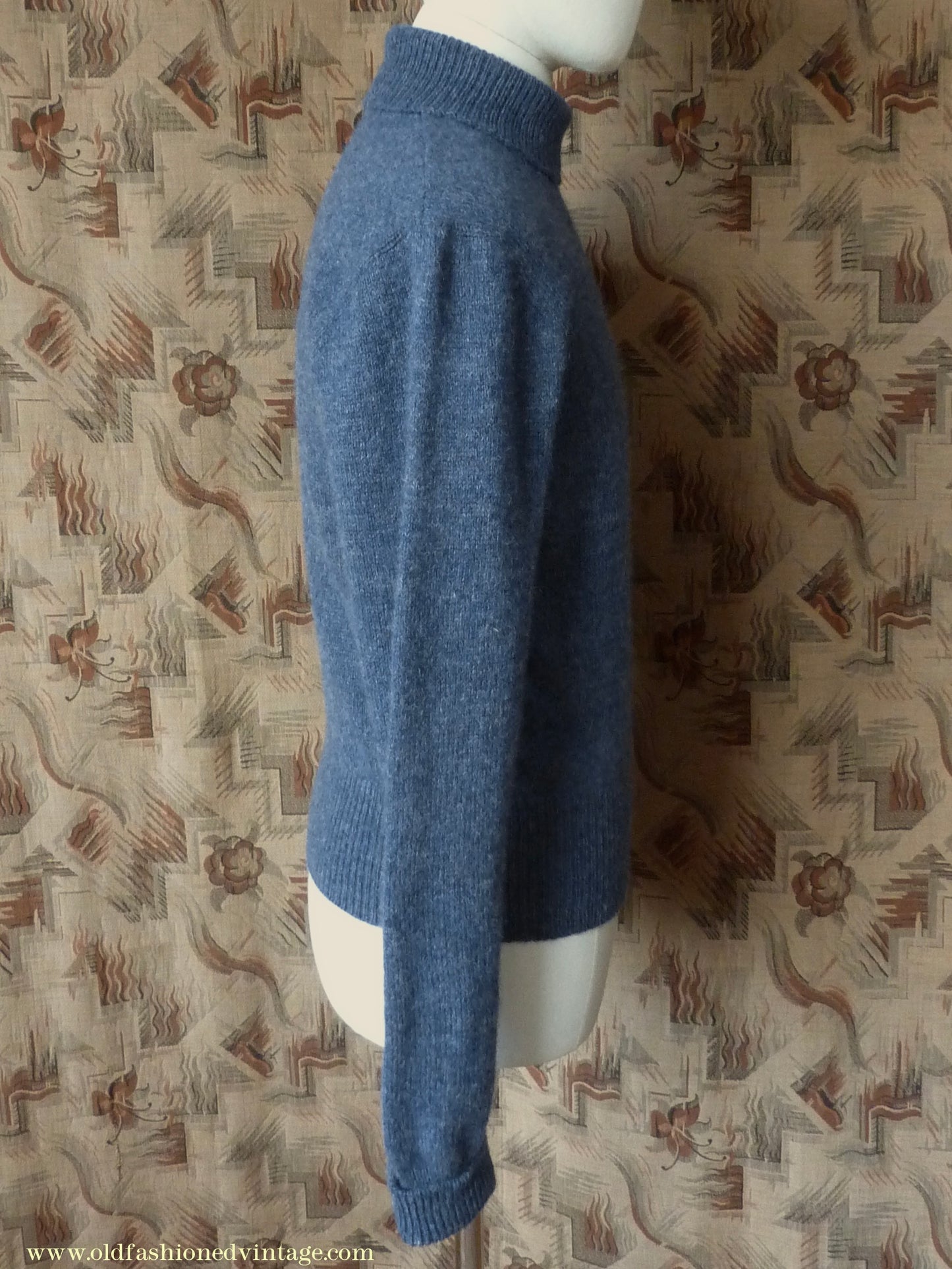 Old Fashioned Garments Vintage Reproduction 1940s Mens Polo Neck Jumper Deep Royal Blue Melange Roll Turtle Sweater M