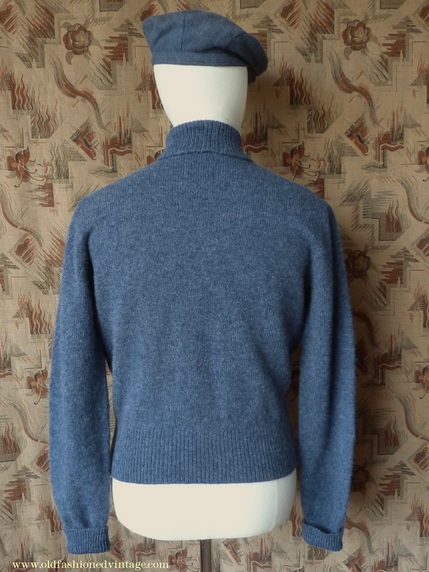 Old Fashioned Garments Vintage Reproduction 1940s Mens Polo Neck Jumper Deep Royal Blue Melange Roll Turtle Sweater M
