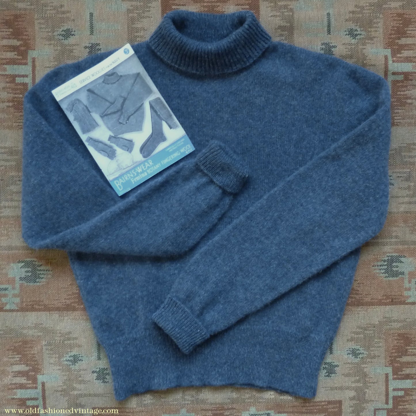 Old Fashioned Garments Vintage Reproduction 1940s Mens Polo Neck Jumper Deep Royal Blue Melange Roll Turtle Sweater M