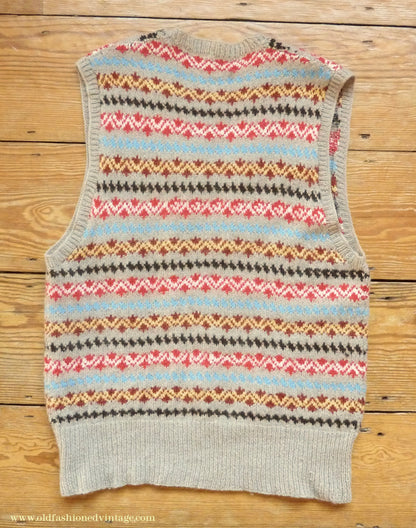 Vintage Mens 1950s Hand Knitted Fair Isle Slipover Sweater Vest Beige Brown Red Fairisle Tank Top XS
