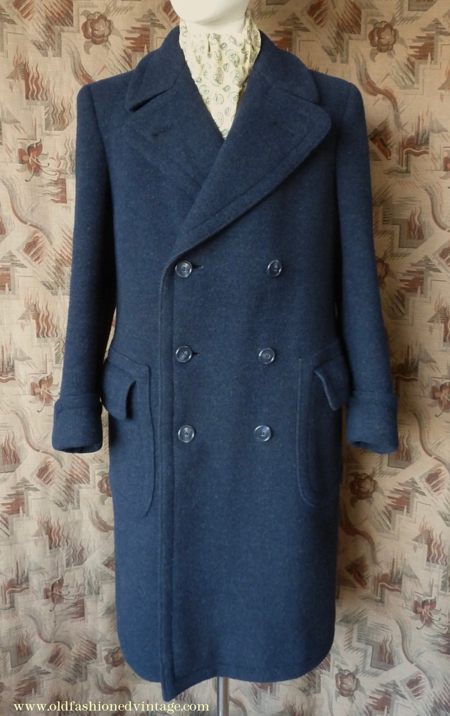 Vintage Mens 1930s 1940s Loden Frey Double Breasted Overcoat Coat Dark Blue Wool Back Belt 40"