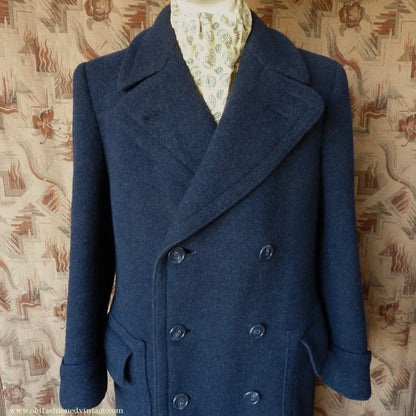 Vintage Mens 1930s 1940s Loden Frey Double Breasted Overcoat Coat Dark Blue Wool Back Belt 40"