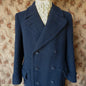 Vintage Mens 1930s 1940s Loden Frey Double Breasted Overcoat Coat Dark Blue Wool Back Belt 40"