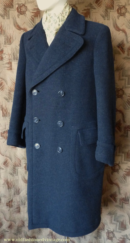 Vintage Mens 1930s 1940s Loden Frey Double Breasted Overcoat Coat Dark Blue Wool Back Belt 40"