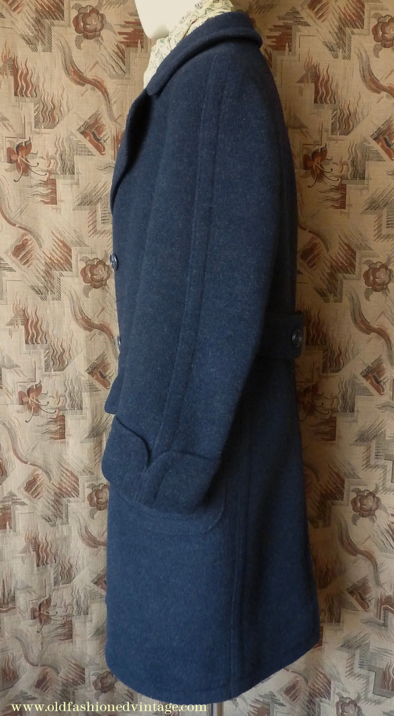 Vintage Mens 1930s 1940s Loden Frey Double Breasted Overcoat Coat Dark Blue Wool Back Belt 40"