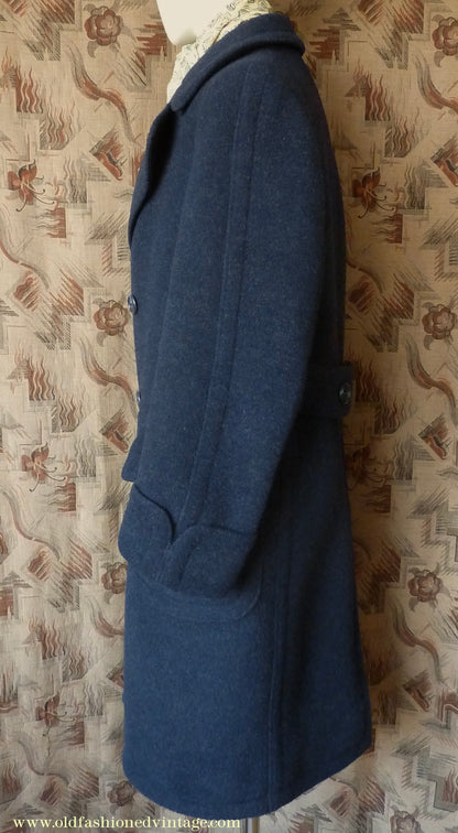 Vintage Mens 1930s 1940s Loden Frey Double Breasted Overcoat Coat Dark Blue Wool Back Belt 40"