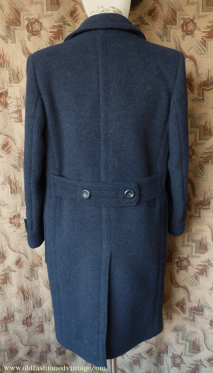 Vintage Mens 1930s 1940s Loden Frey Double Breasted Overcoat Coat Dark Blue Wool Back Belt 40"
