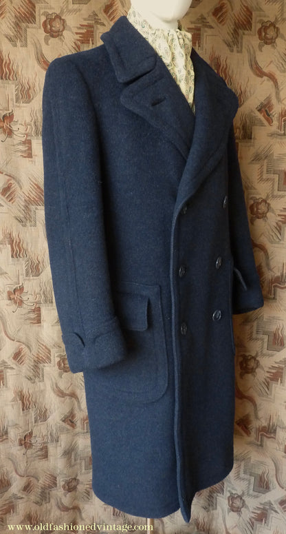 Vintage Mens 1930s 1940s Loden Frey Double Breasted Overcoat Coat Dark Blue Wool Back Belt 40"