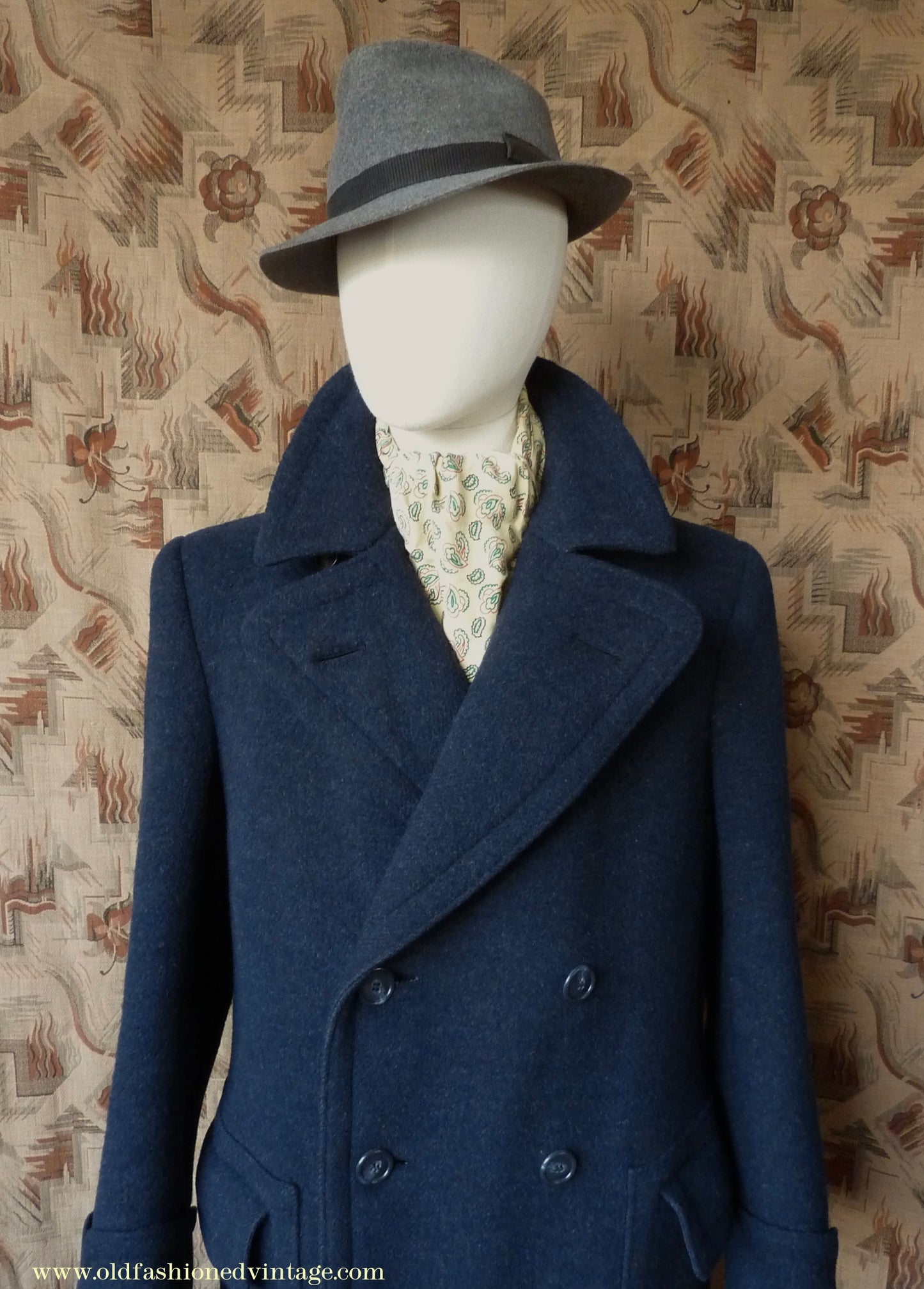 Vintage Mens 1930s 1940s Loden Frey Double Breasted Overcoat Coat Dark Blue Wool Back Belt 40"