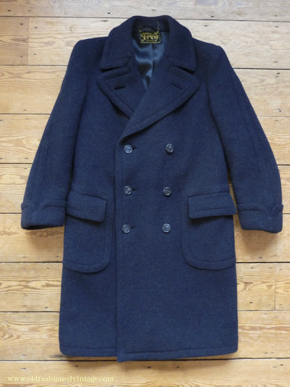 Vintage Mens 1930s 1940s Loden Frey Double Breasted Overcoat Coat Dark Blue Wool Back Belt 40"