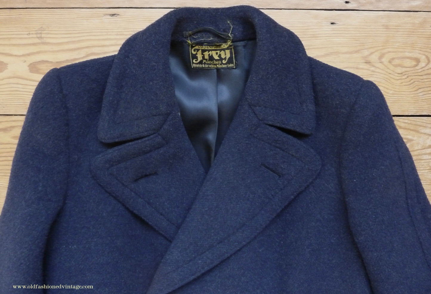 Vintage Mens 1930s 1940s Loden Frey Double Breasted Overcoat Coat Dark Blue Wool Back Belt 40"