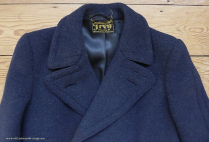 Vintage Mens 1930s 1940s Loden Frey Double Breasted Overcoat Coat Dark Blue Wool Back Belt 40"