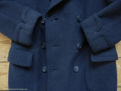 Vintage Mens 1930s 1940s Loden Frey Double Breasted Overcoat Coat Dark Blue Wool Back Belt 40"