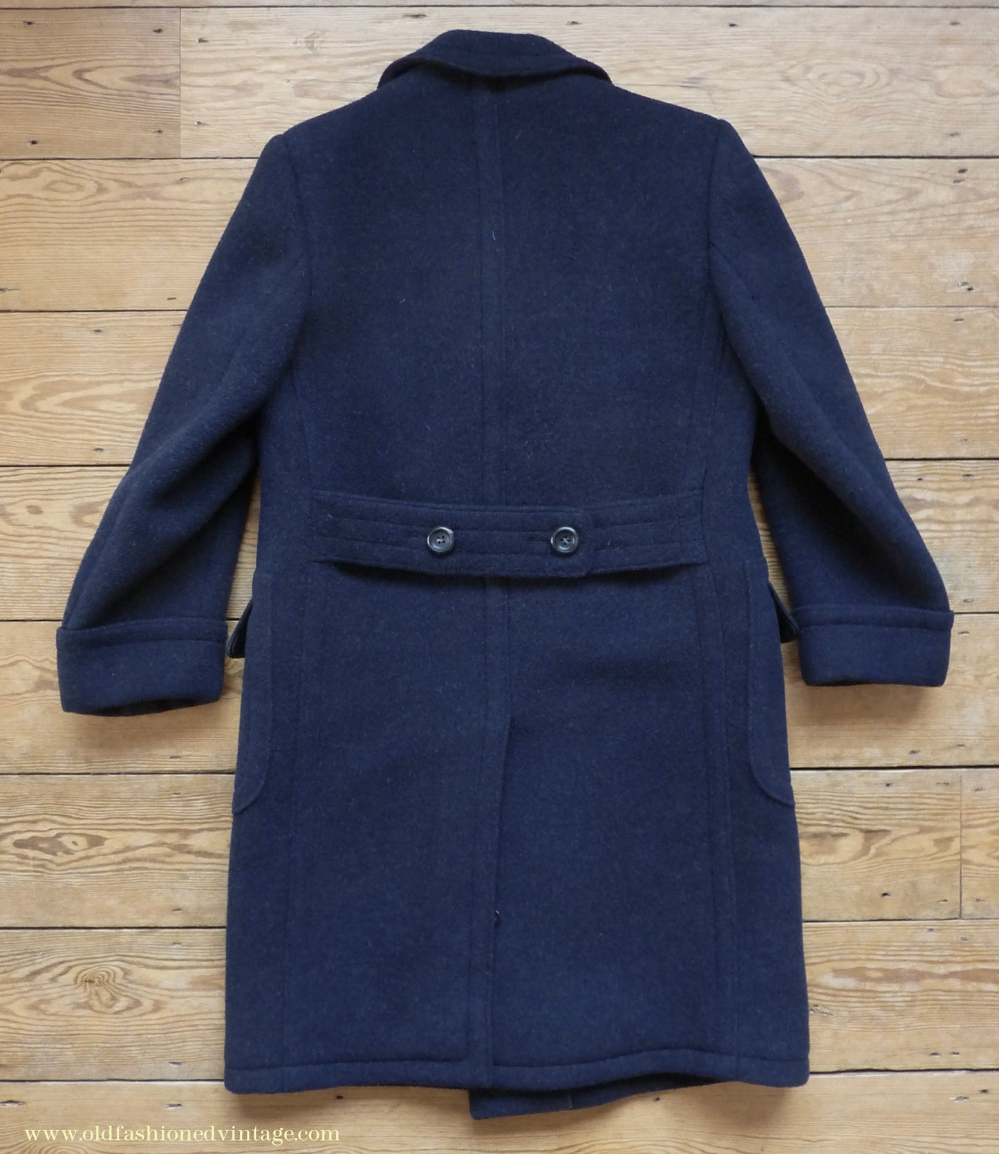 Vintage Mens 1930s 1940s Loden Frey Double Breasted Overcoat Coat Dark Blue Wool Back Belt 40"