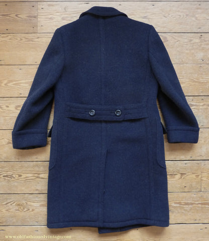Vintage Mens 1930s 1940s Loden Frey Double Breasted Overcoat Coat Dark Blue Wool Back Belt 40"