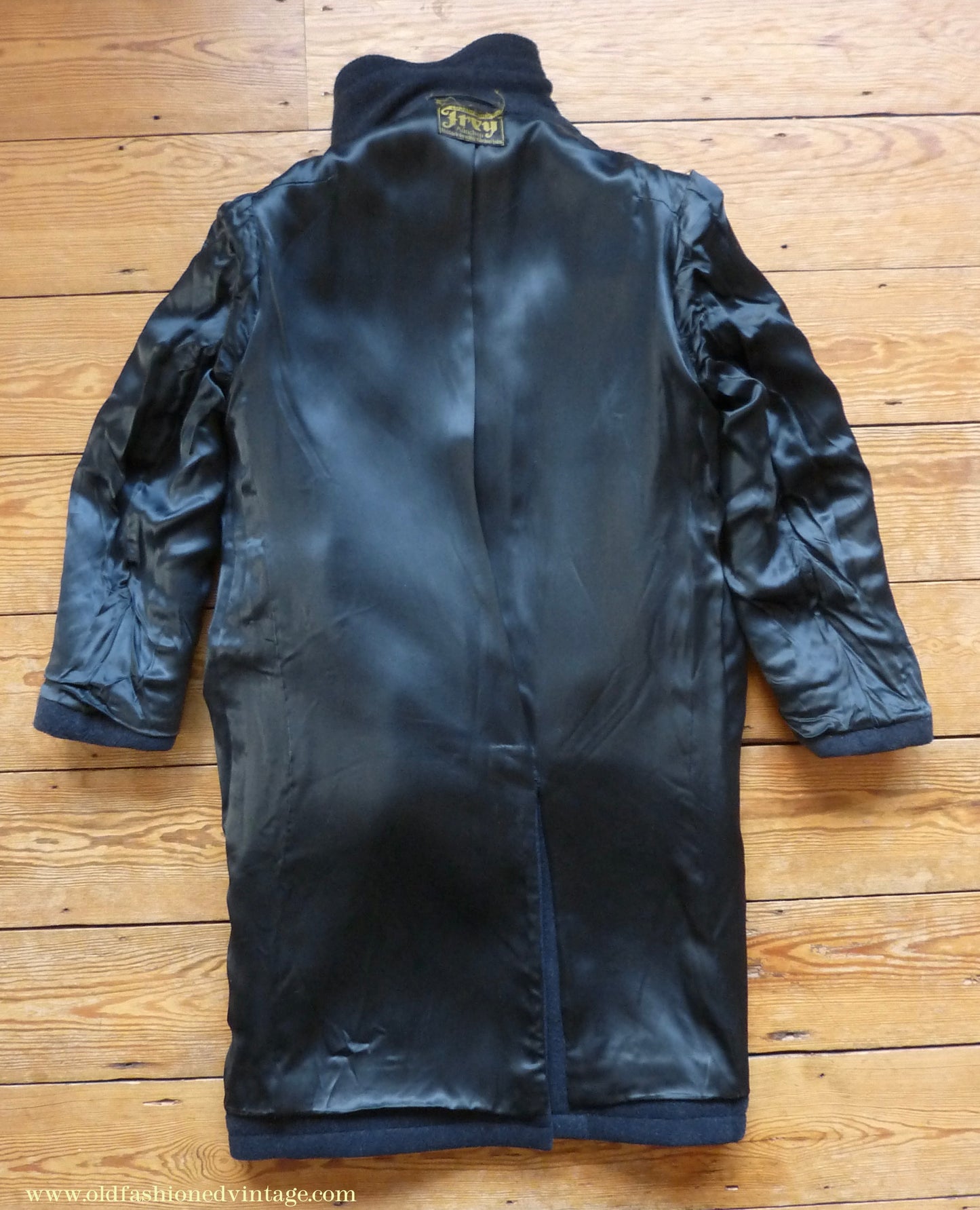 Vintage Mens 1930s 1940s Loden Frey Double Breasted Overcoat Coat Dark Blue Wool Back Belt 40"