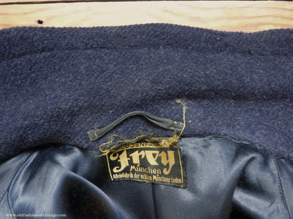 Vintage Mens 1930s 1940s Loden Frey Double Breasted Overcoat Coat Dark Blue Wool Back Belt 40"
