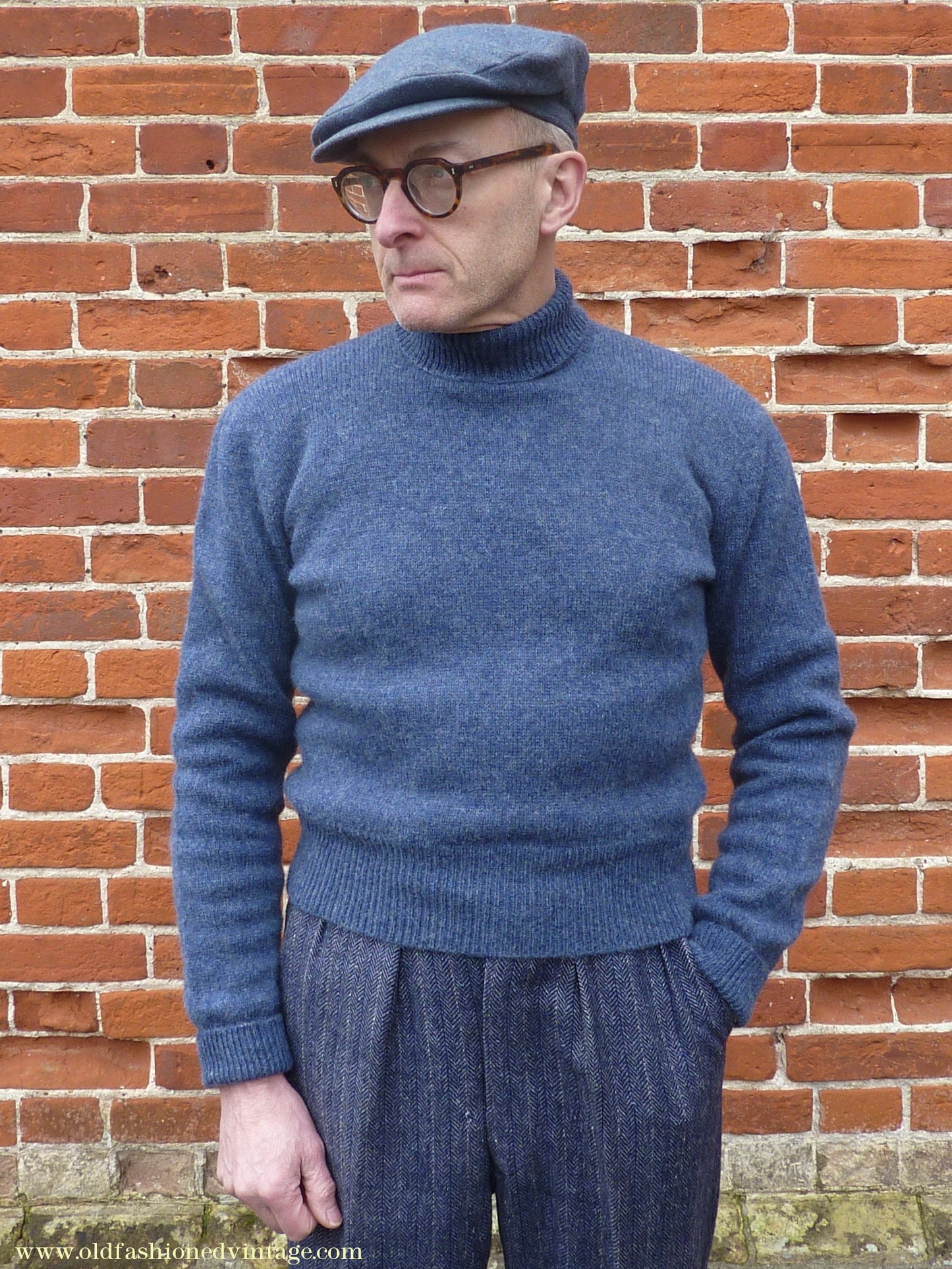 Old Fashioned Garments Vintage Reproduction 1940s Mens Polo Neck Jumper Deep Royal Blue Melange Roll Turtle Sweater M