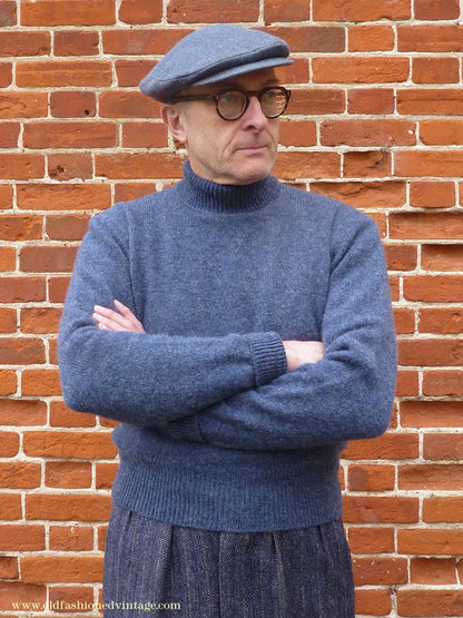 Old Fashioned Garments Vintage Reproduction 1940s Mens Polo Neck Jumper Deep Royal Blue Melange Roll Turtle Sweater M