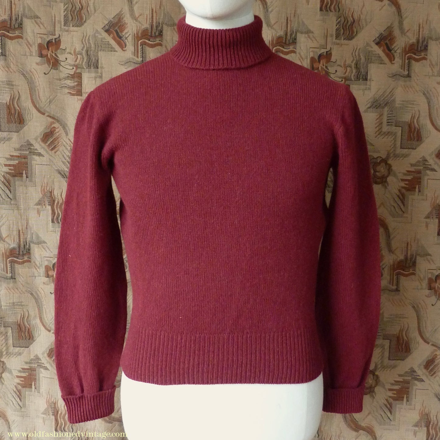 Old Fashioned Garments Vintage Reproduction 1940s Mens Polo Neck Jumper Oxblood Red Roll Turtle Sweater S