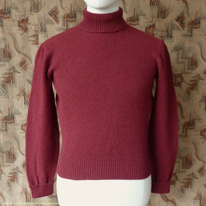 Old Fashioned Garments Vintage Reproduction 1940s Mens Polo Neck Jumper Oxblood Red Roll Turtle Sweater S