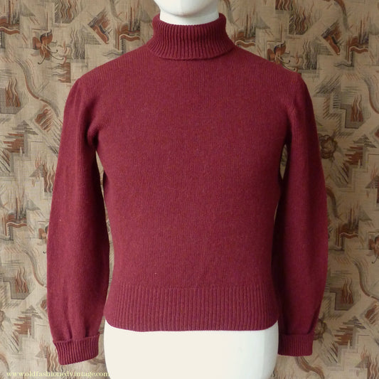 Old Fashioned Garments Vintage Reproduction 1940s Mens Polo Neck Jumper Oxblood Red Roll Turtle Sweater S