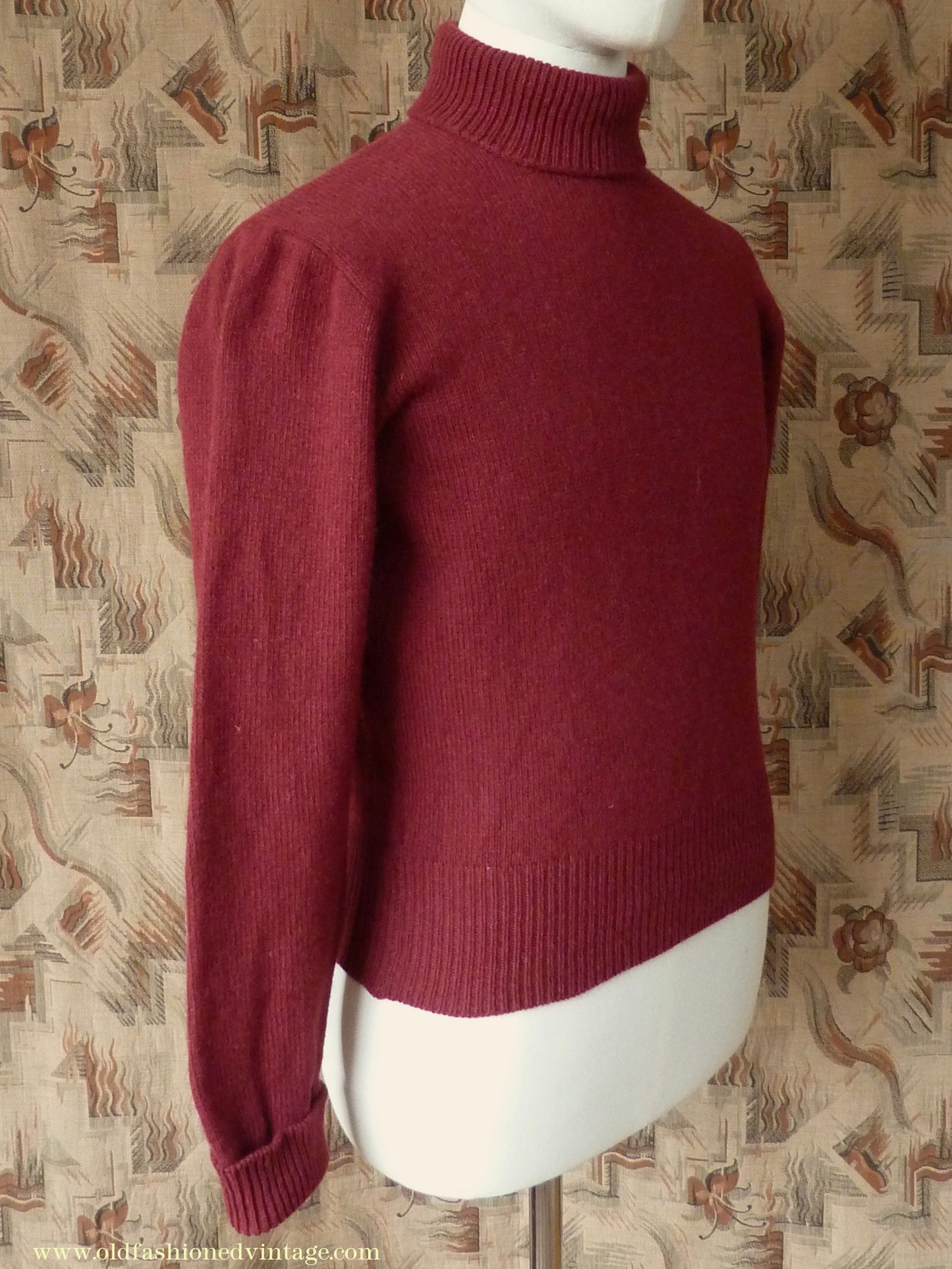 Old Fashioned Garments Vintage Reproduction 1940s Mens Polo Neck Jumper Oxblood Red Roll Turtle Sweater S