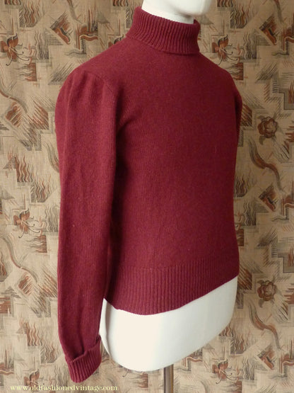 Old Fashioned Garments Vintage Reproduction 1940s Mens Polo Neck Jumper Oxblood Red Roll Turtle Sweater S