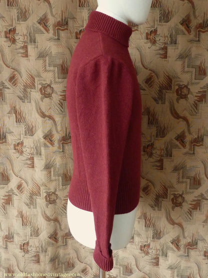 Old Fashioned Garments Vintage Reproduction 1940s Mens Polo Neck Jumper Oxblood Red Roll Turtle Sweater S