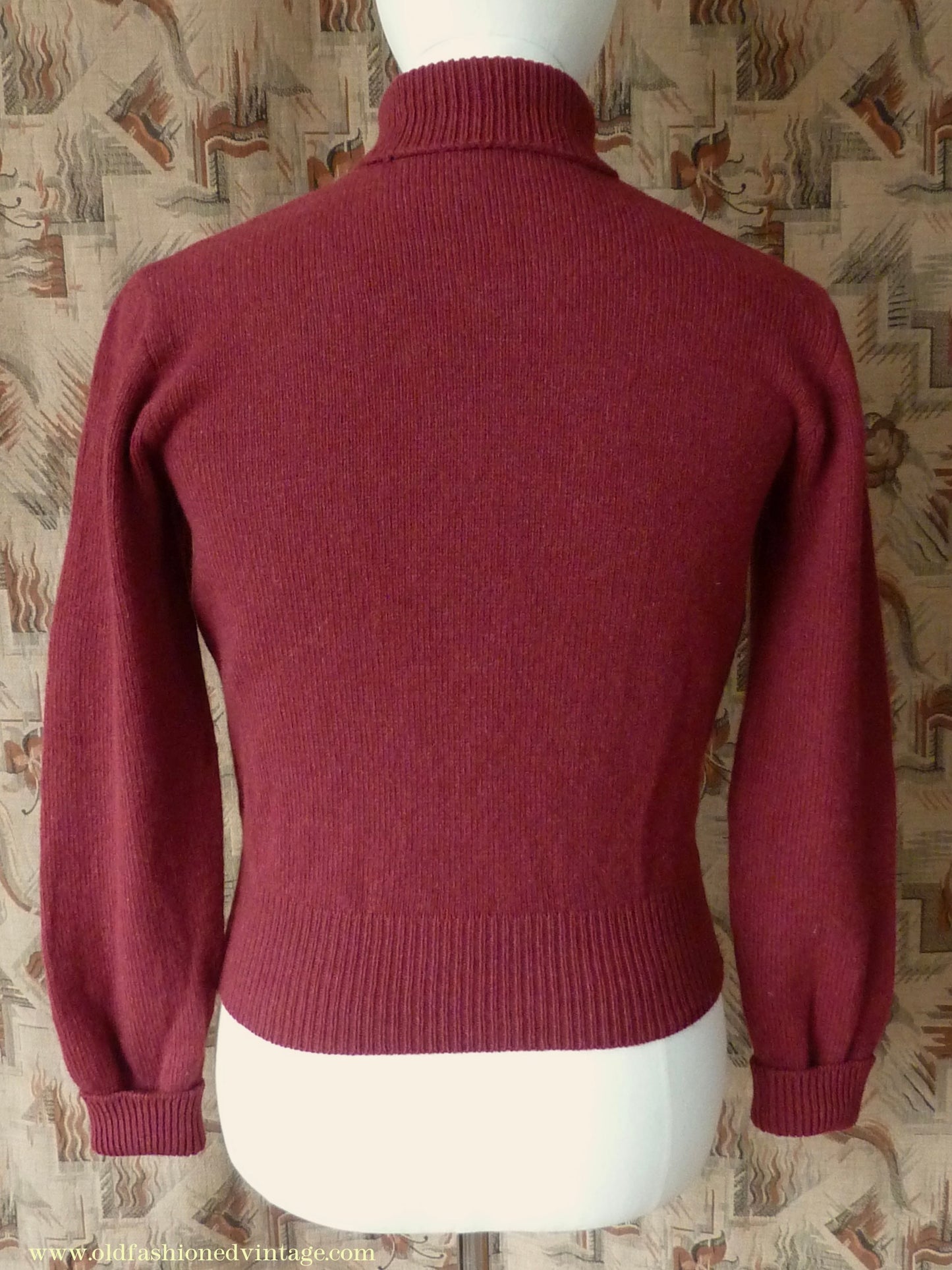 Old Fashioned Garments Vintage Reproduction 1940s Mens Polo Neck Jumper Oxblood Red Roll Turtle Sweater S