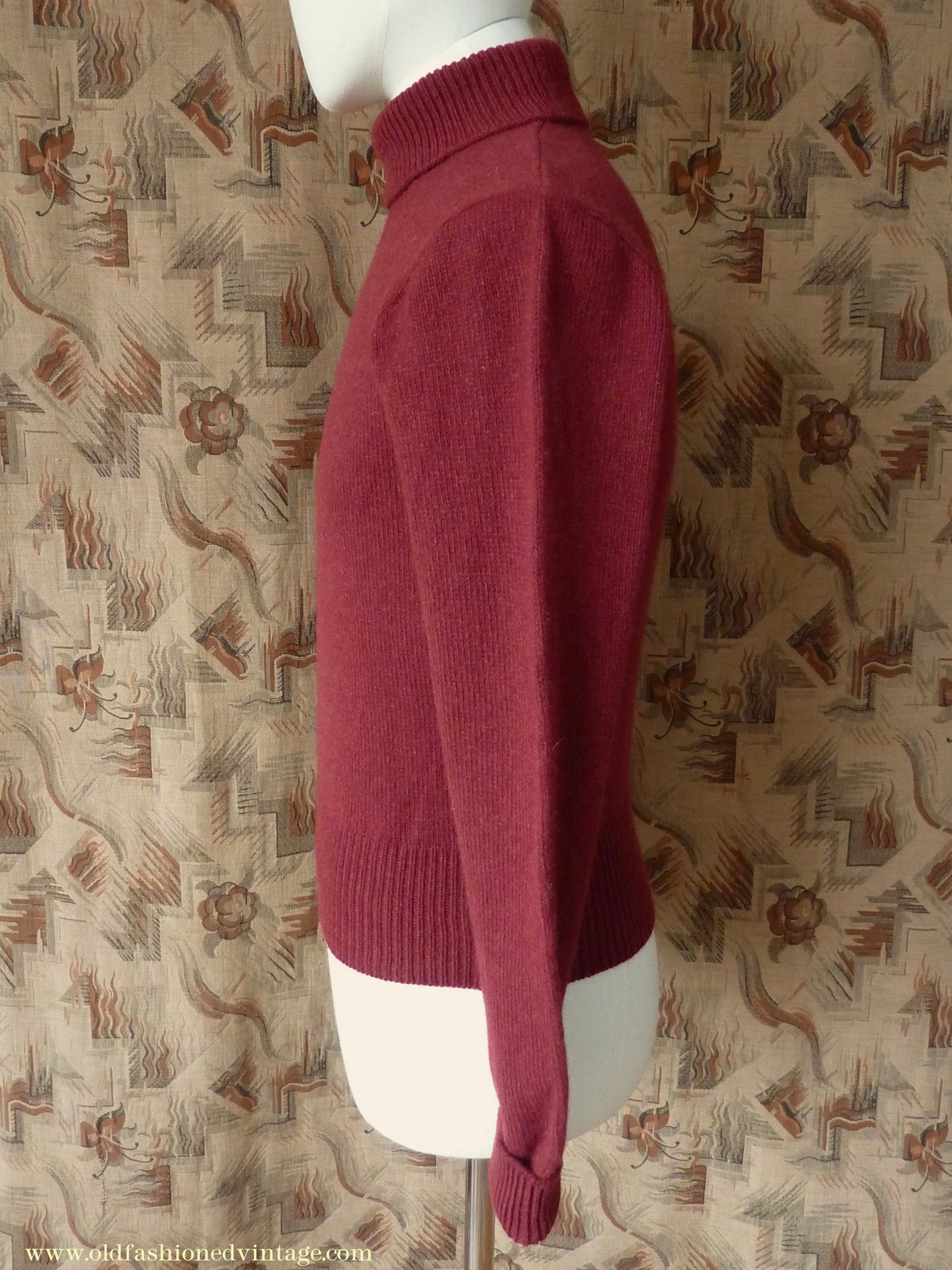 Old Fashioned Garments Vintage Reproduction 1940s Mens Polo Neck Jumper Oxblood Red Roll Turtle Sweater S