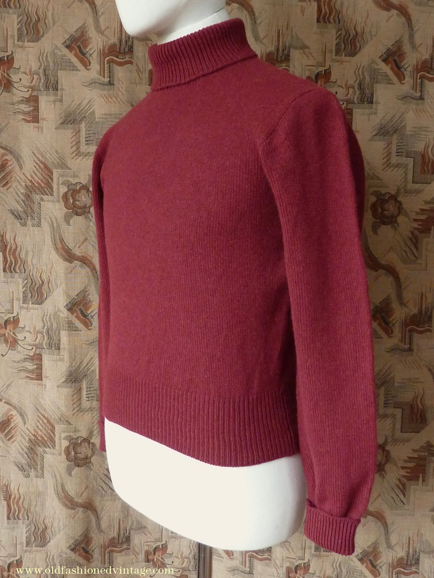 Old Fashioned Garments Vintage Reproduction 1940s Mens Polo Neck Jumper Oxblood Red Roll Turtle Sweater S