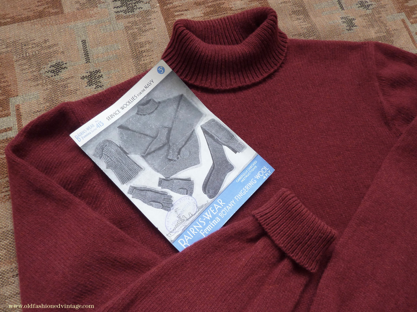 Old Fashioned Garments Vintage Reproduction 1940s Mens Polo Neck Jumper Oxblood Red Roll Turtle Sweater S