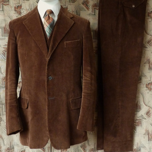 Vintage Mens 1970s Beale & Inman Invertere Corduroy 3 Piece Suit Gingery Brown Cord 38" Long