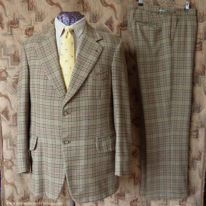 Vintage Mens 1970s Irish Bespoke Tweed Suit Green Brown Plaid Check 44"