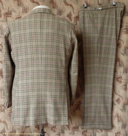 Vintage Mens 1970s Irish Bespoke Tweed Suit Green Brown Plaid Check 44"