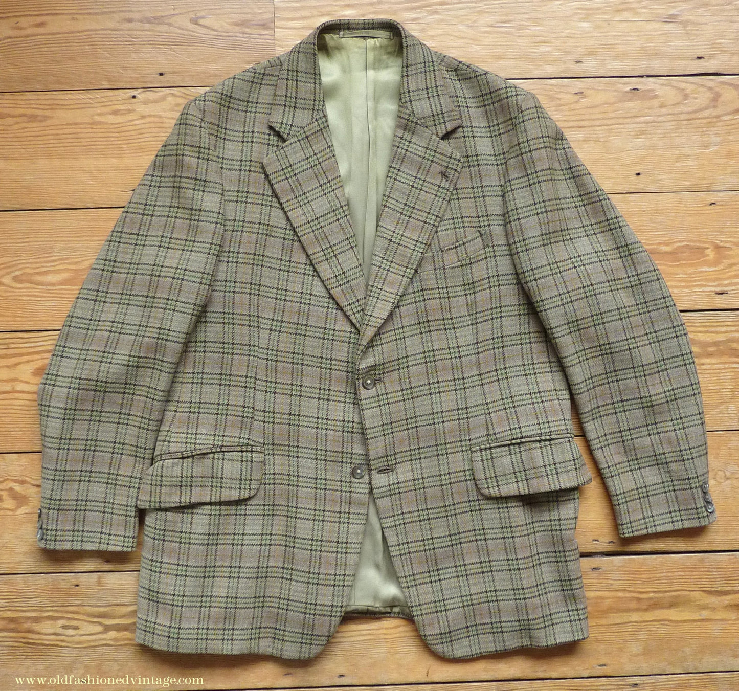 Vintage Mens 1970s Irish Bespoke Tweed Suit Green Brown Plaid Check 44"