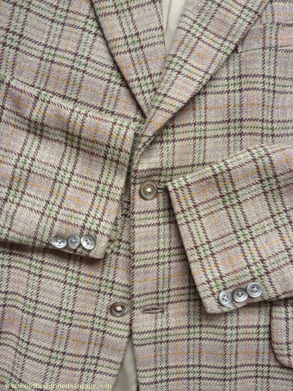 Vintage Mens 1970s Irish Bespoke Tweed Suit Green Brown Plaid Check 44"