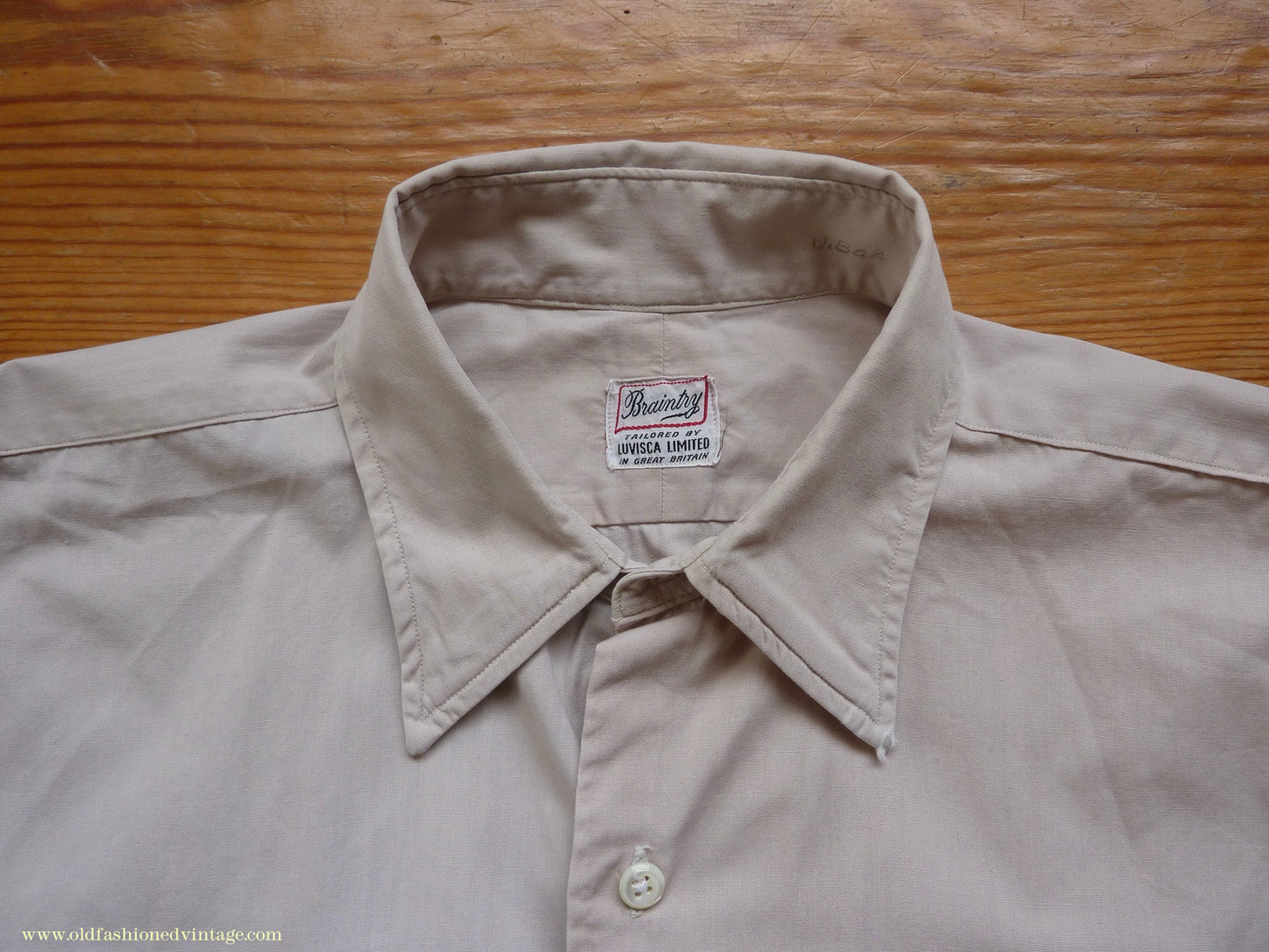 Vintage Mens 1940s 1950s "Braintry" Cotton Shirt Pale Ivory Spearpoint Collar British 15"
