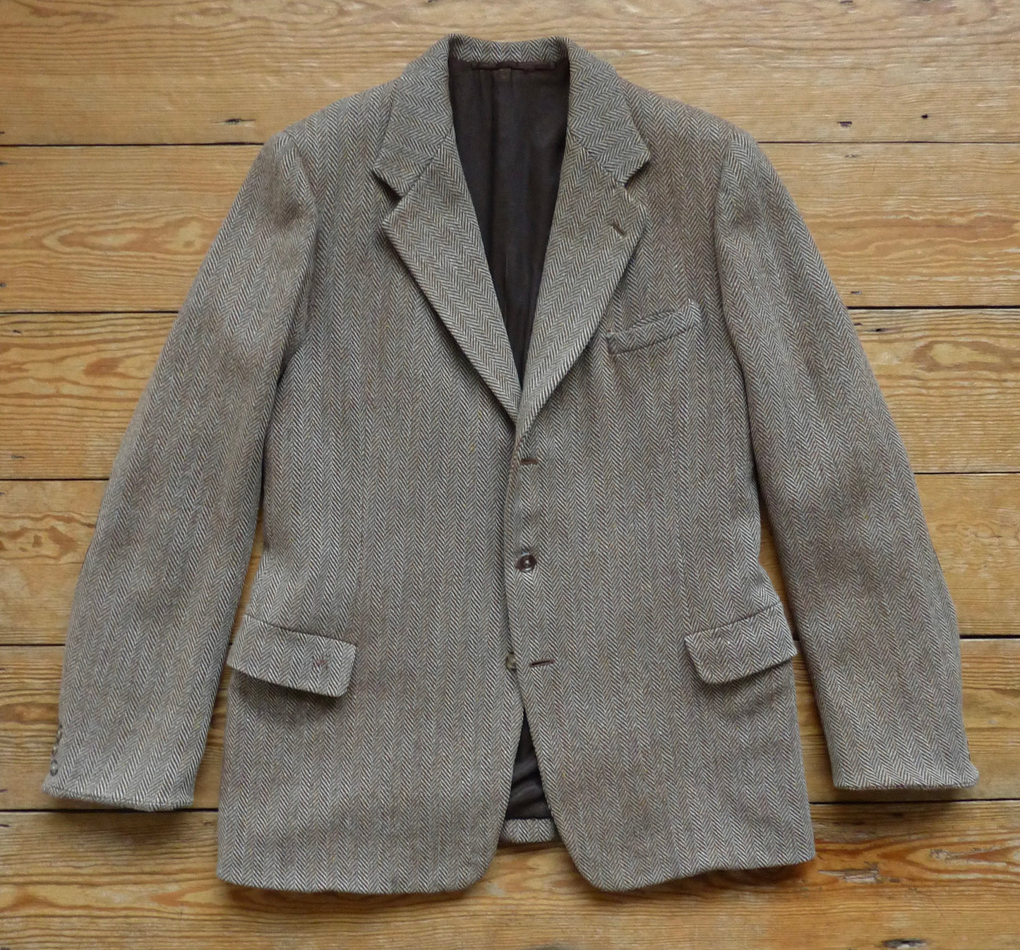 Vintage Mens 1940s Tweed Suit 2 Piece Single Breasted Brown Green Flecked Herringbone Wool 42" Extra Long