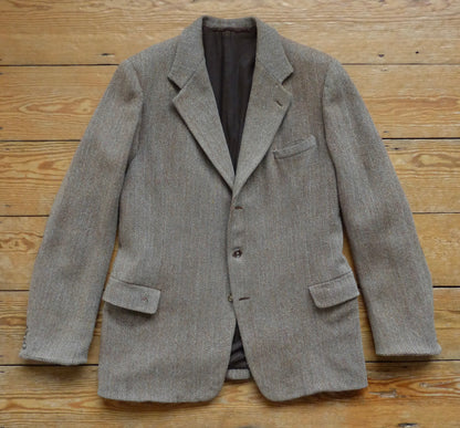Vintage Mens 1940s Tweed Suit 2 Piece Single Breasted Brown Green Flecked Herringbone Wool 42" Extra Long