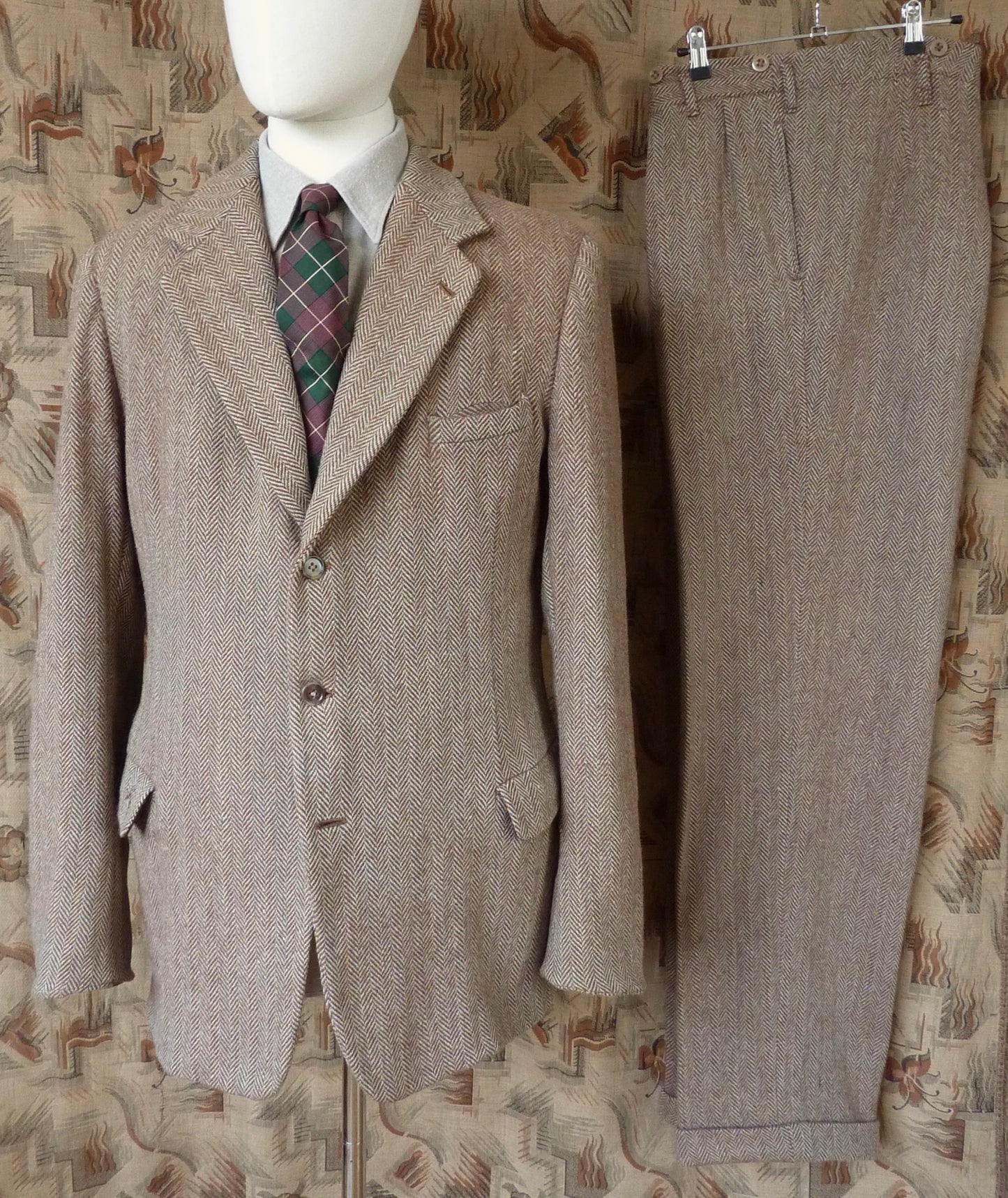 Vintage Mens 1940s Tweed Suit 2 Piece Single Breasted Brown Green Flecked Herringbone Wool 42" Extra Long