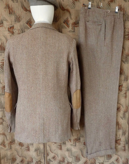 Vintage Mens 1940s Tweed Suit 2 Piece Single Breasted Brown Green Flecked Herringbone Wool 42" Extra Long