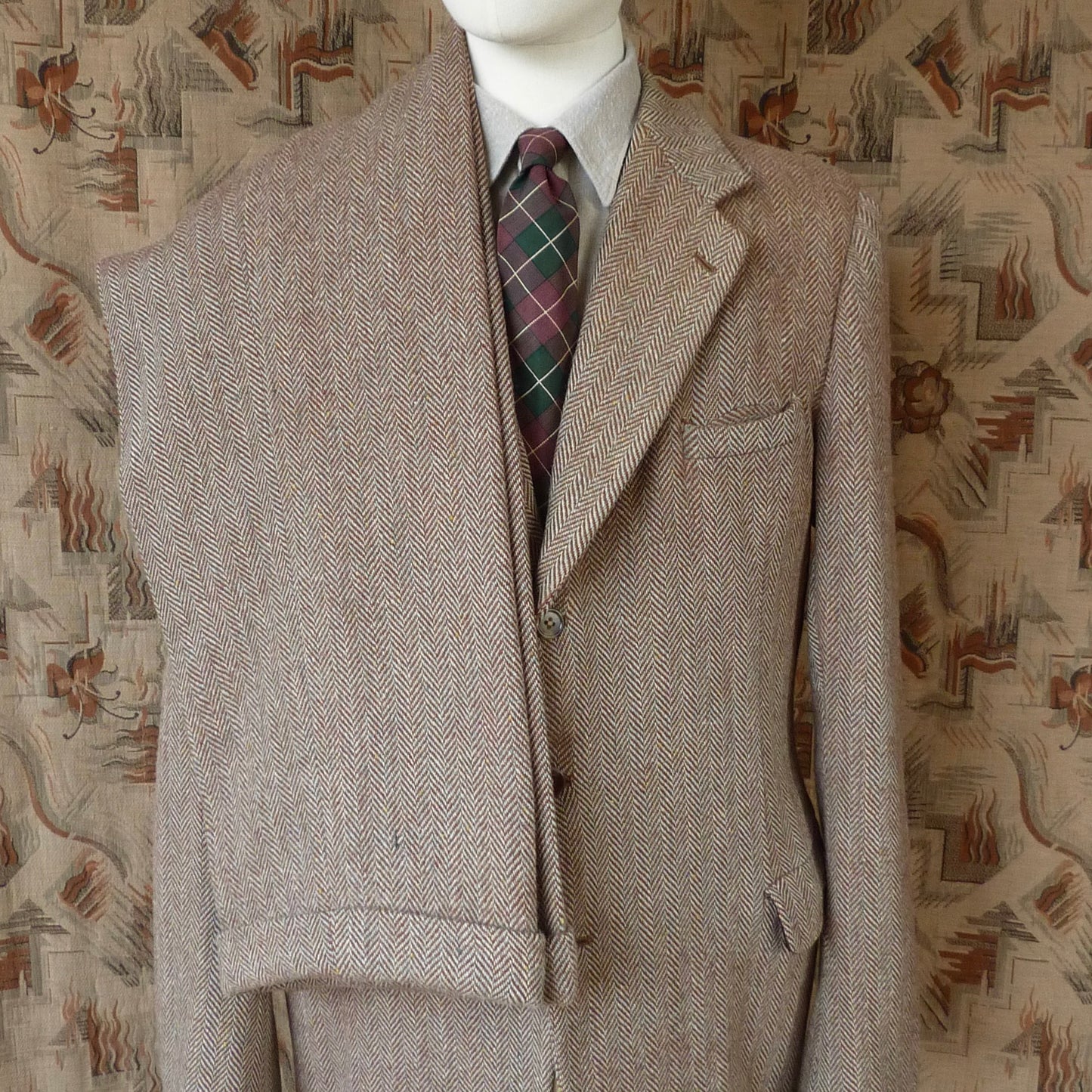 Vintage Mens 1940s Tweed Suit 2 Piece Single Breasted Brown Green Flecked Herringbone Wool 42" Extra Long
