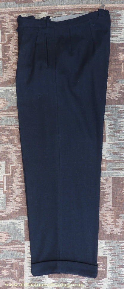 Vintage Mens 1940s Blue-Black Herringbone Wool Trousers Pants 34"