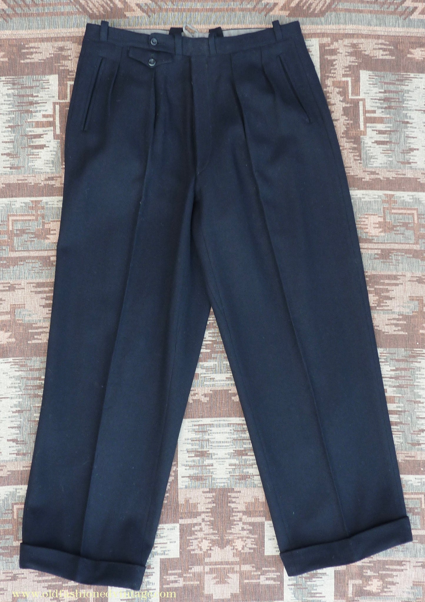 Vintage Mens 1940s Blue-Black Herringbone Wool Trousers Pants 34"