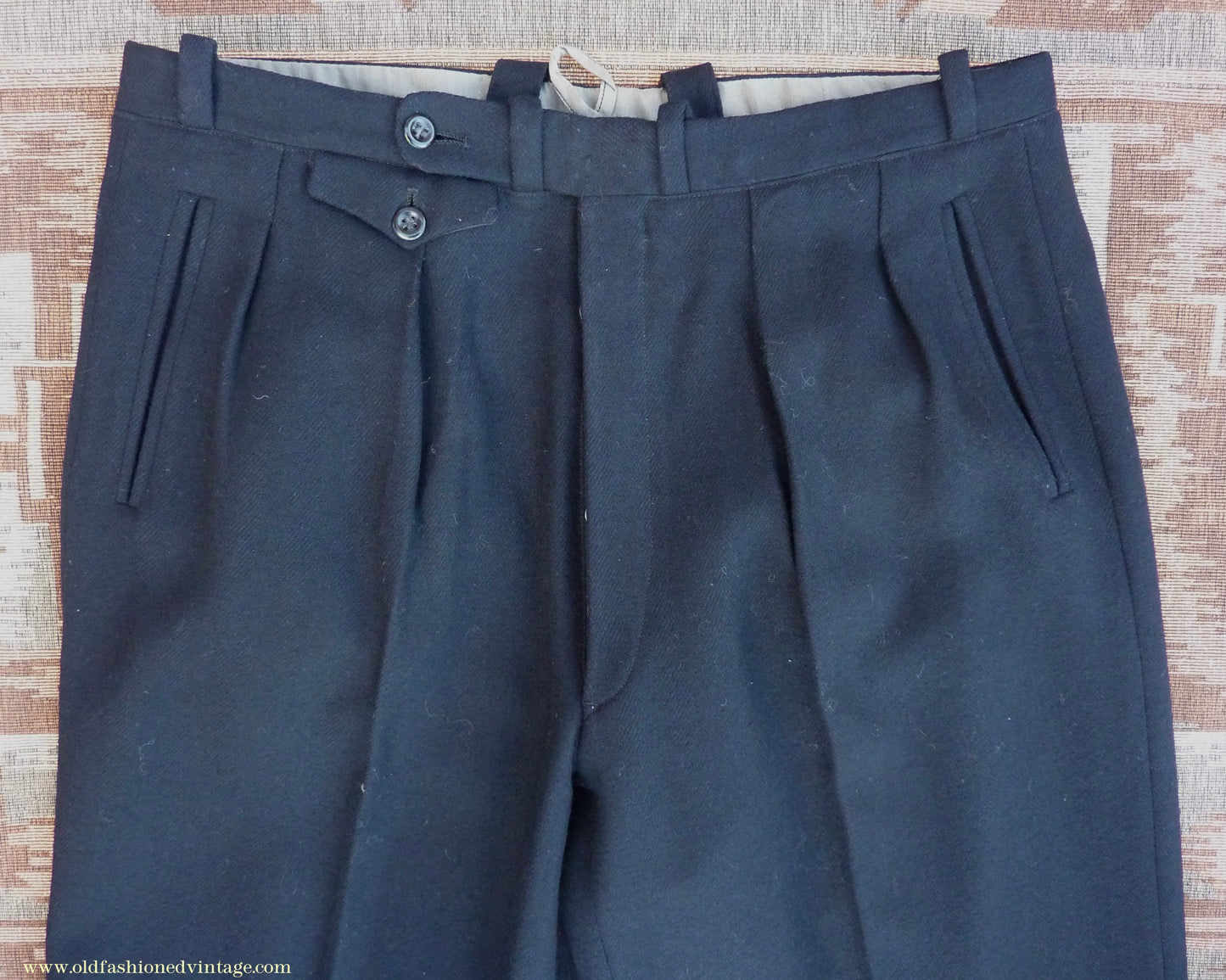 Vintage Mens 1940s Blue-Black Herringbone Wool Trousers Pants 34"
