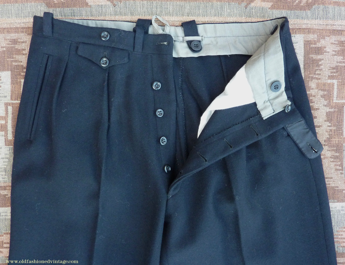 Vintage Mens 1940s Blue-Black Herringbone Wool Trousers Pants 34"
