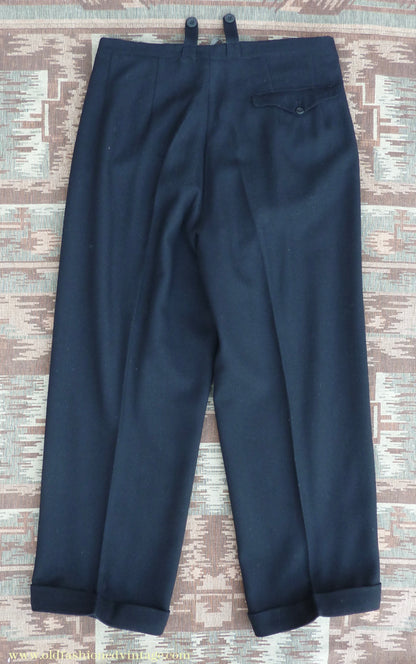 Vintage Mens 1940s Blue-Black Herringbone Wool Trousers Pants 34"