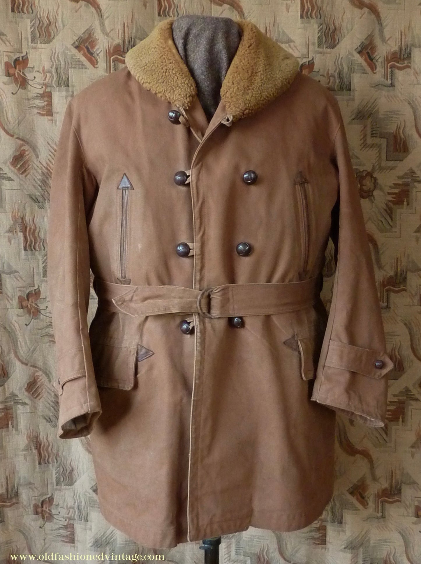 Vintage Mens 1930s French "Canadienne" Mackinaw Coat Double Breasted Brown Canvas Workwear Jacket Shawl Fur Collar 44"